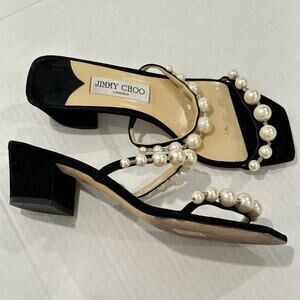 Jimmy Choo Amara 45 Suede Mules Pearl Embellishment Block Heel Black Sz 38.5